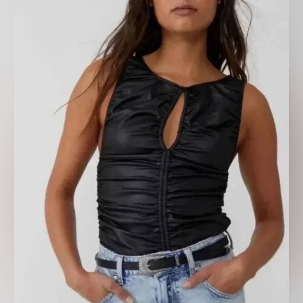 Free People Ride Along Faux Leather Black Sleeveless Ruched Top